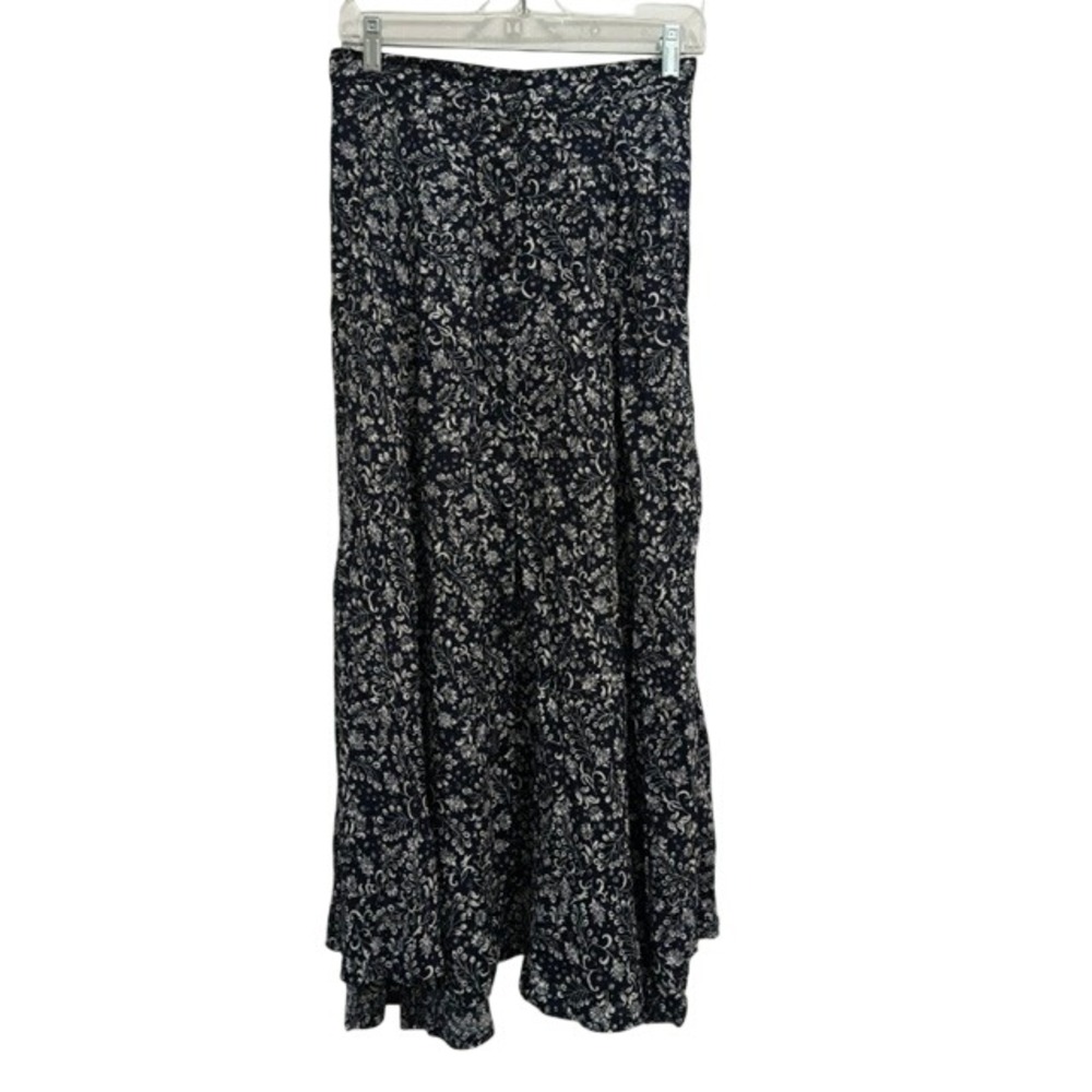 Vintage Blue‎ Maxi Skirt 90s Navy Blue White Floral Rayon Button Front Size 7/8